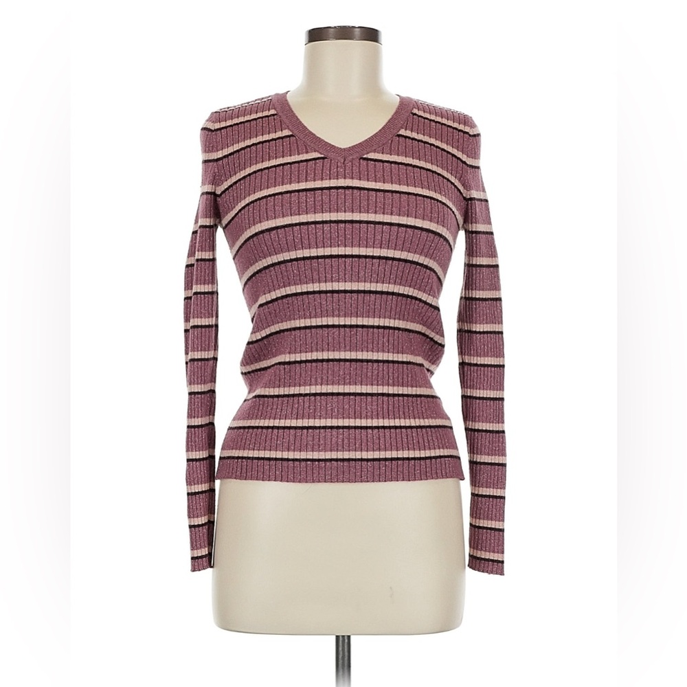 Nine West Striped Ribbed Mauve and Black Stripes V-Neck Sweater – Size M